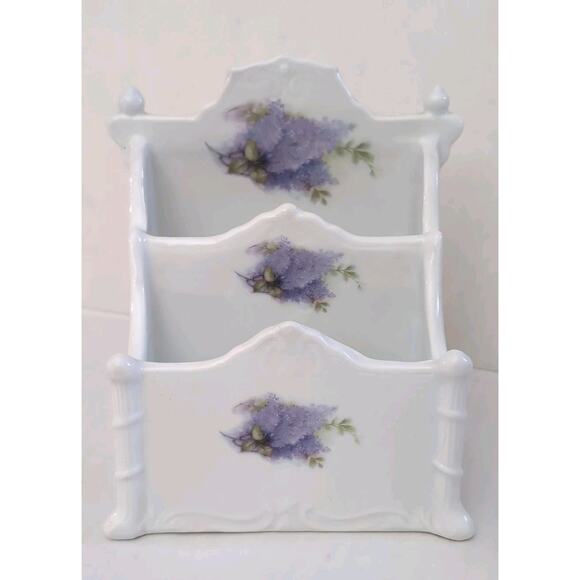 Vintage Business Card Holder, Ceramic, White With Lavender Flowers,Rare Victoria - Picture 1 of 9